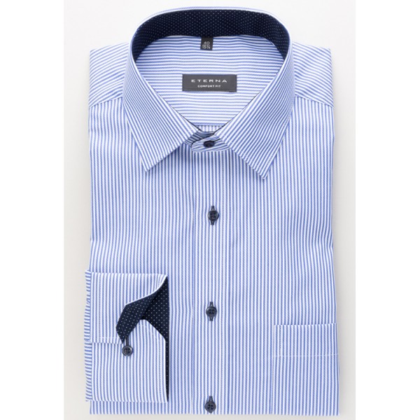 Camicia Eterna COMFORT FIT TWILL STRISCE blu medio con Kent moderno collar in taglio classico