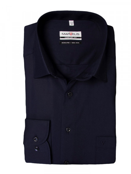 Chemise Marvelis COMFORT FIT UNI POPELINE bleu foncé avec col Nouveau Kent en coupe classique