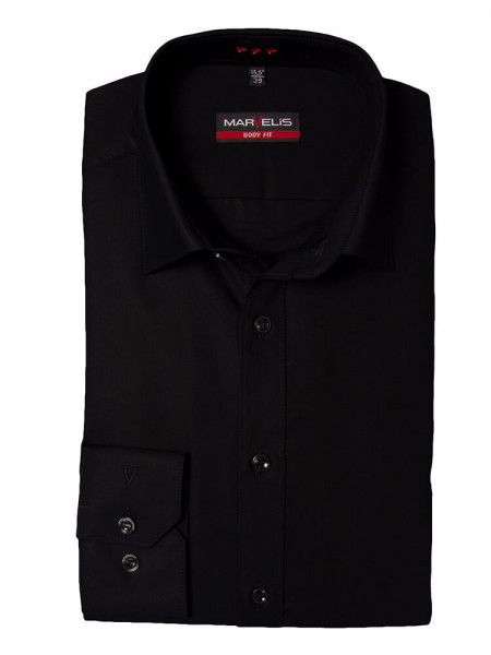 Camicia Marvelis BODY FIT UNI POPELINE nero con New York Kent collar in taglio stretto