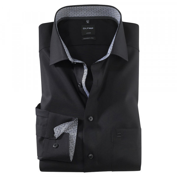 OLYMP Luxor modern fit Hemd UNI POPELINE schwarz mit Global Kent Kragen in moderner Schnittform
