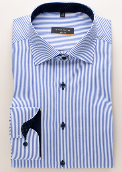 Camicia Eterna SLIM FIT TWILL STRISCE blu medio con Kent classico collar in taglio stretto