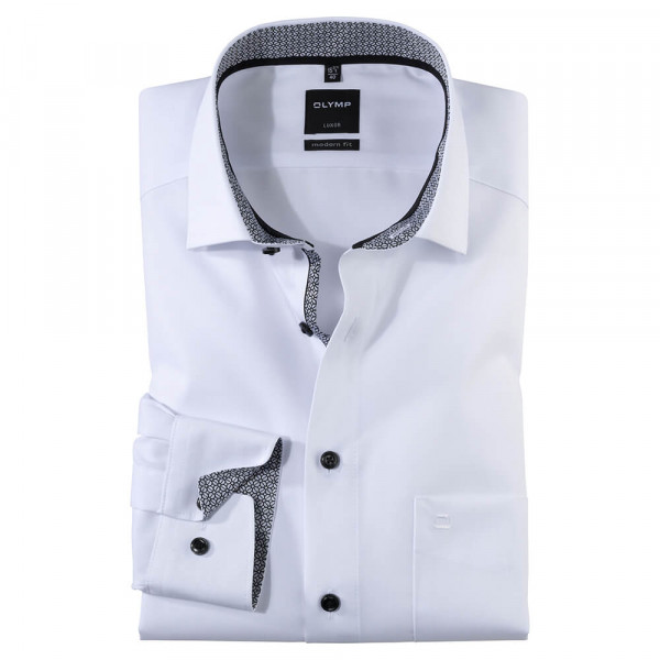 Camicia OLYMP Luxor modern fit UNI POPELINE bianco con Global Kent collar in taglio moderno