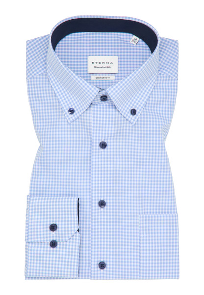 Chemise Eterna MODERN FIT VICHY POPELINE bleu clair avec col Button Down en coupe moderne